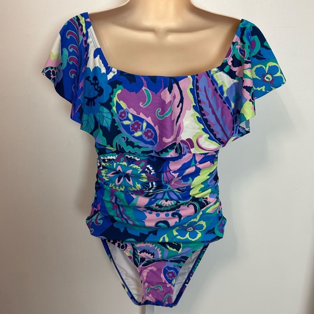 Tahari Off The Shoulder Ruffles Blue Green Purple Watercolor Floral Swimsuit